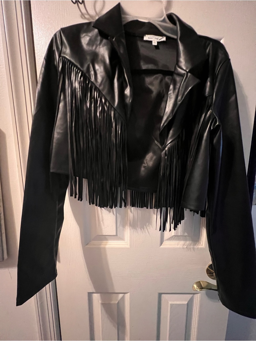 Bear Dance Black Faux Leather Fringe Crop Jacket